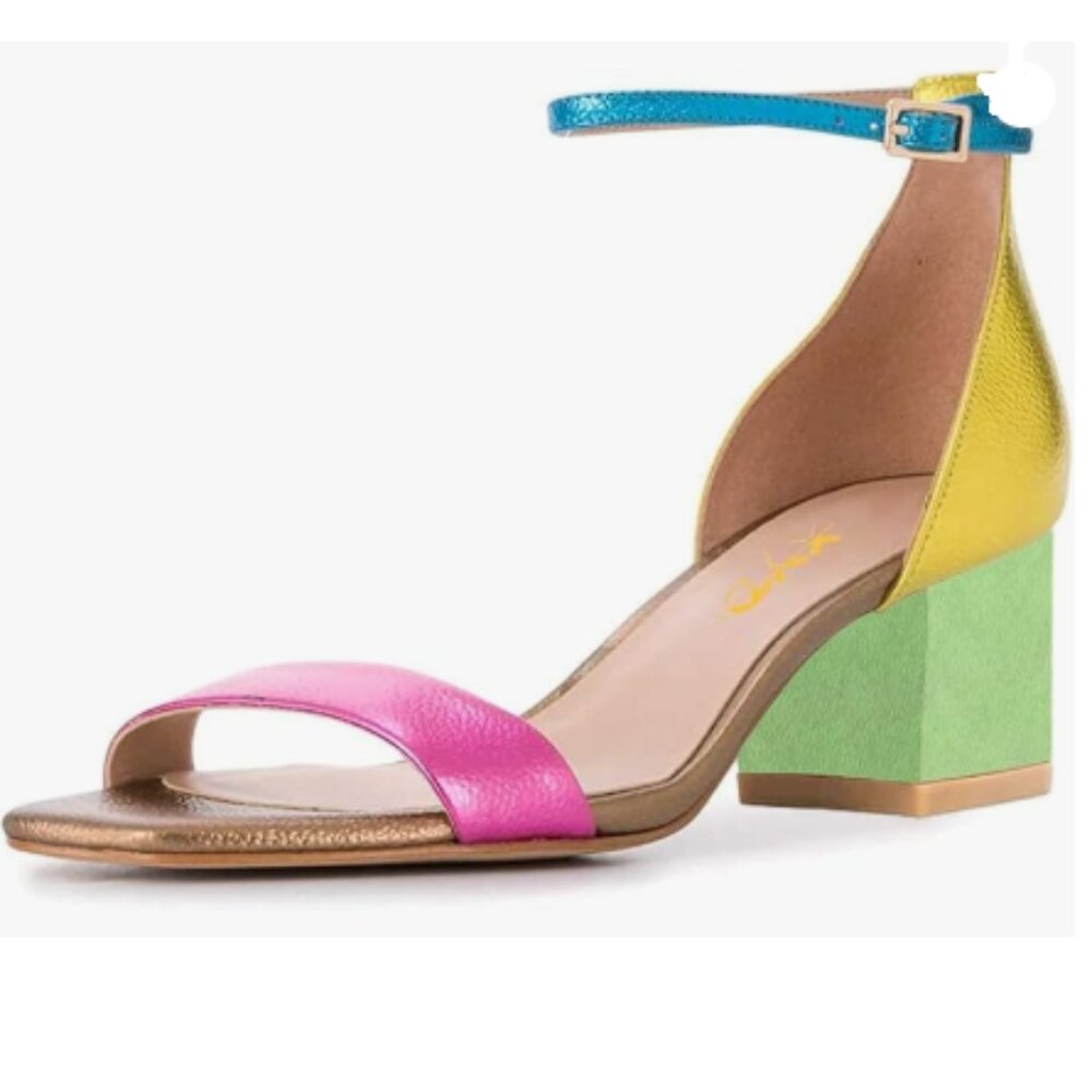 XYD Multicolor Block Heel Sandal - Pink, Yellow, Green, Blue, Gold size 7